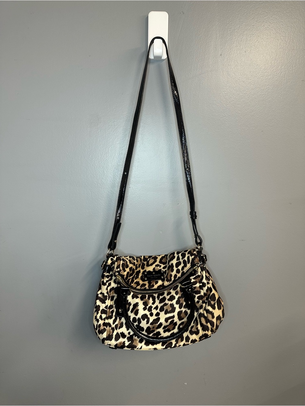 Kate Spade leopard print fabric and patent leather 2-way satchel or shoulder bag